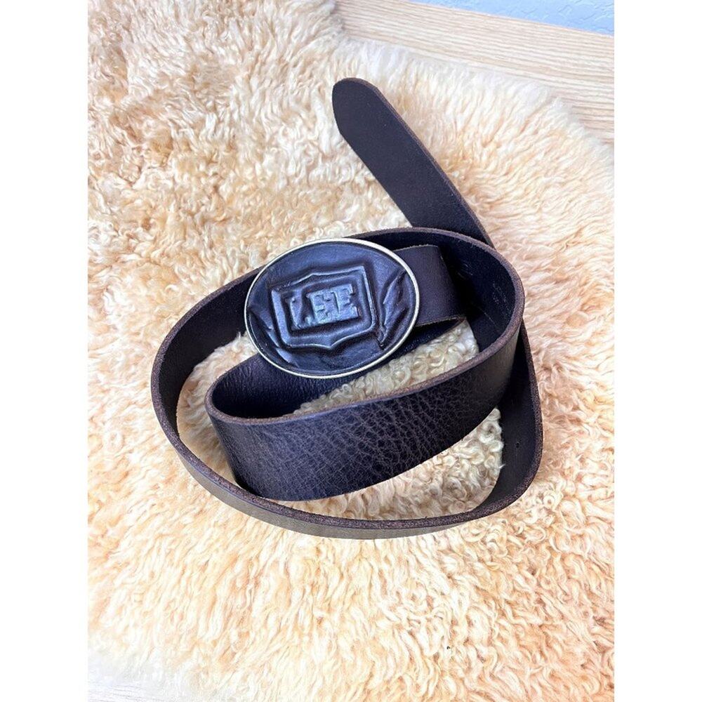 Lee Cowboy Brown Leather Belt With Oval Metal Buckle Made In Italy